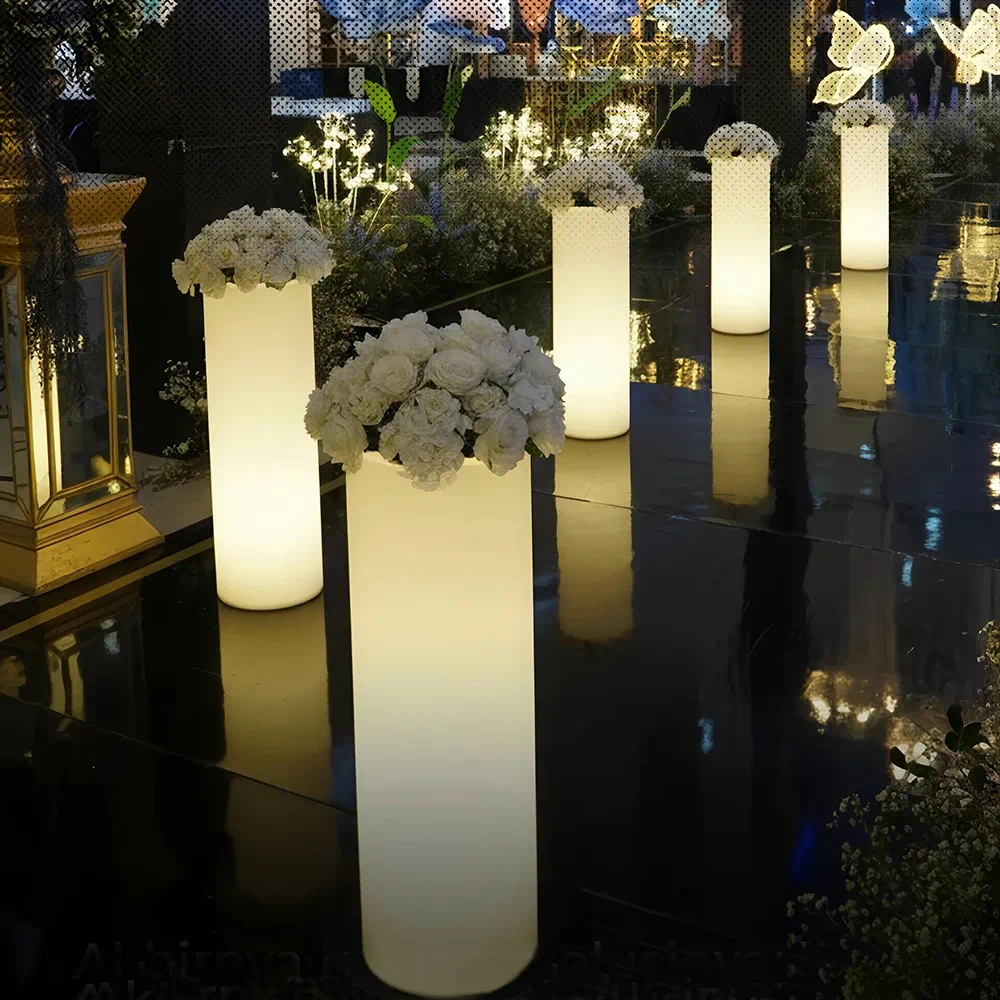 Wedding Path with LED Event Decor Furniture, Glowing Columns, and White Flowers