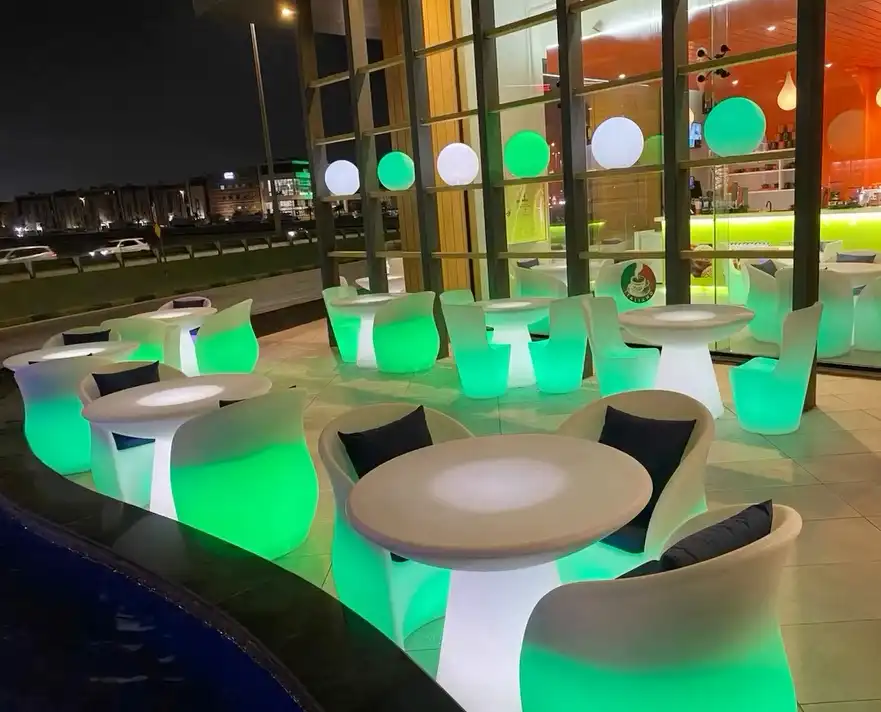 Commercial grade led patio furniture providing ambient lighting for restaurant outdoor seating area