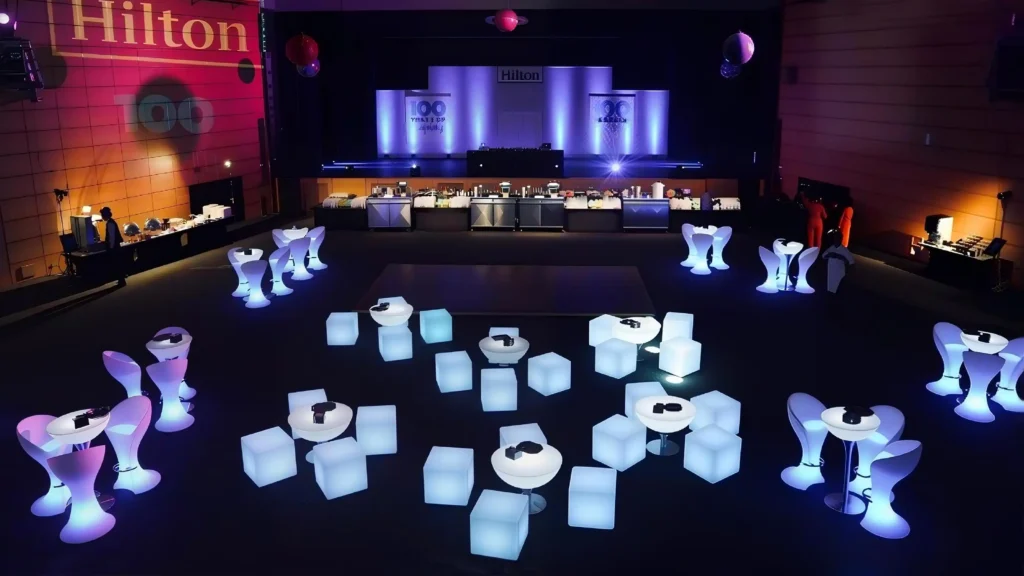 Glow tables and cube chairs from LED lighted furniture collection.