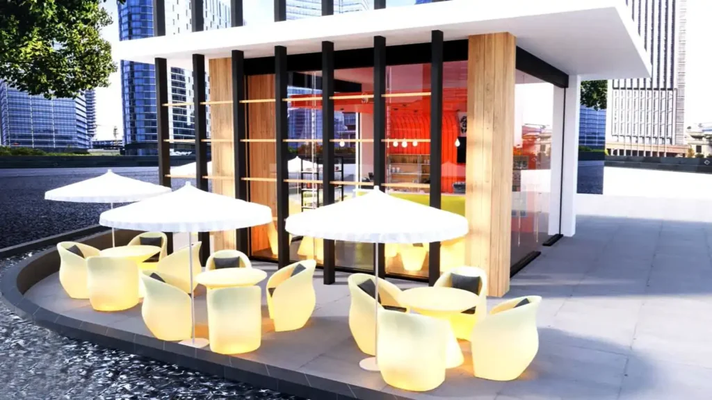 Glowing led lounge furniture set with illuminated tables and chairs for modern cafe patio