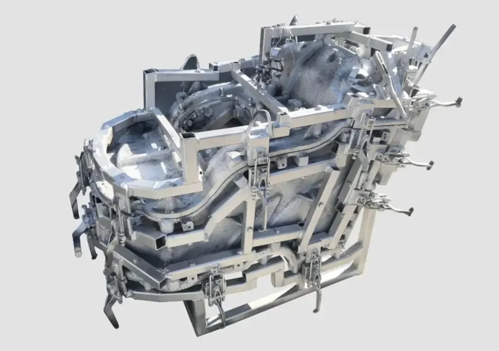 Industrial aluminum mold for Rotational Molding Mold Design, featuring a complex internal structure and support frame.