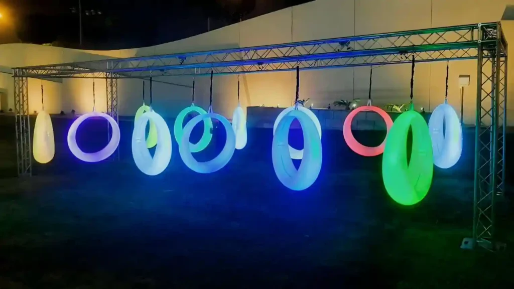 Multiple colorful LED circle swing chairs for light up game outdoor events