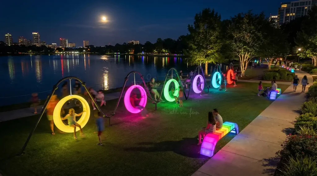 A row of vibrant internally lit LED circle swings lined up along a lakefront park pathway at night.