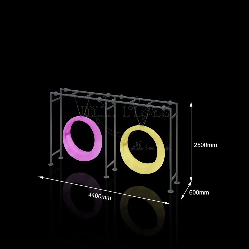 Dimensioned diagram of an interactive outdoor round swing, glowing playground equipment specifications.