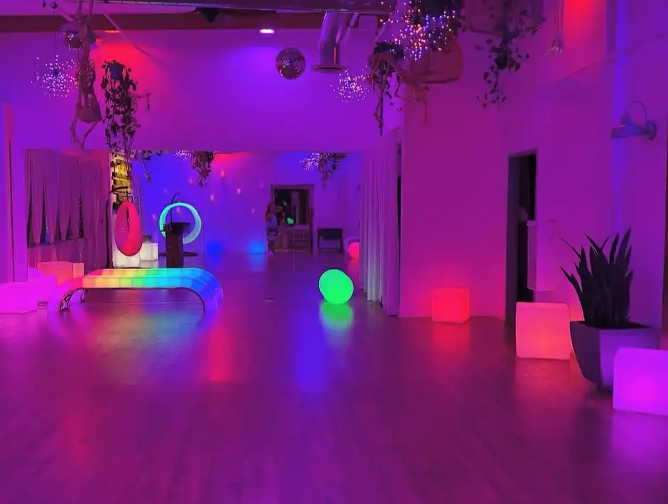 Glow Party Furniture set featuring LED stool with moving color, LED swing chair, and glow balls for indoor events