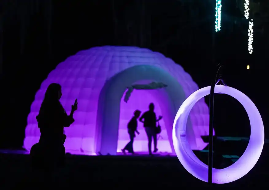 Interactive purple Glow Circular Swings installed at a night festival with a glowing igloo structure in the background