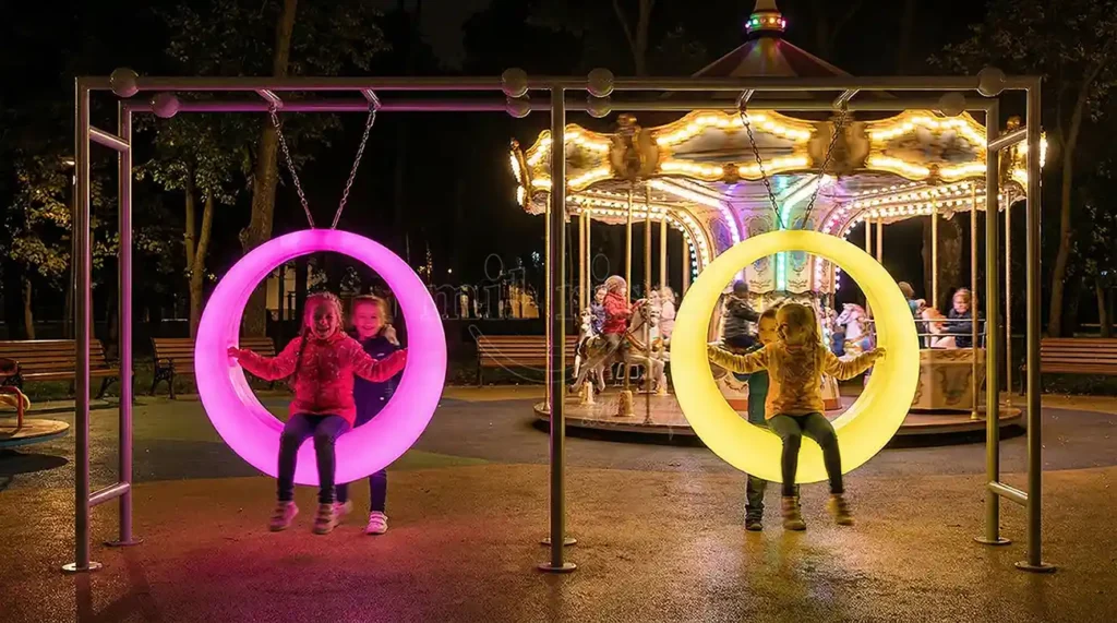 Manufacturer of interactive glowing Outdoor Round Swing, playground equipment for kids.