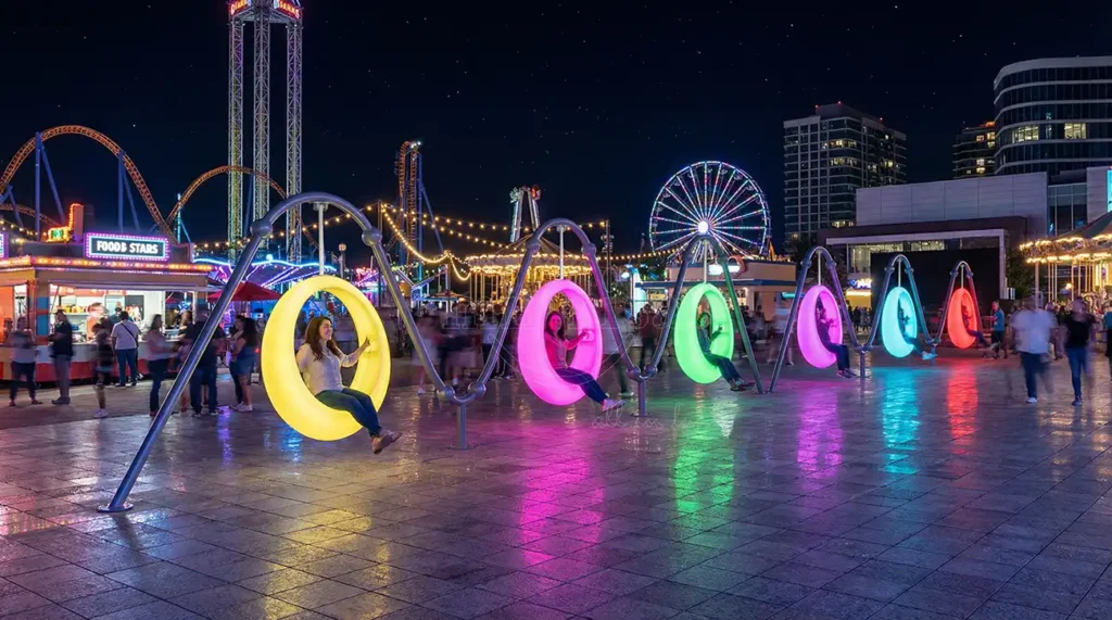 Multiple modern internally lit LED circle swings filled with people at an amusement park at night.