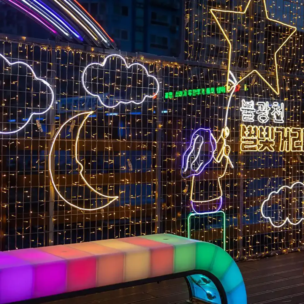 Outdoor Bench With Light with vibrant rainbow illumination for night landscape decoration.