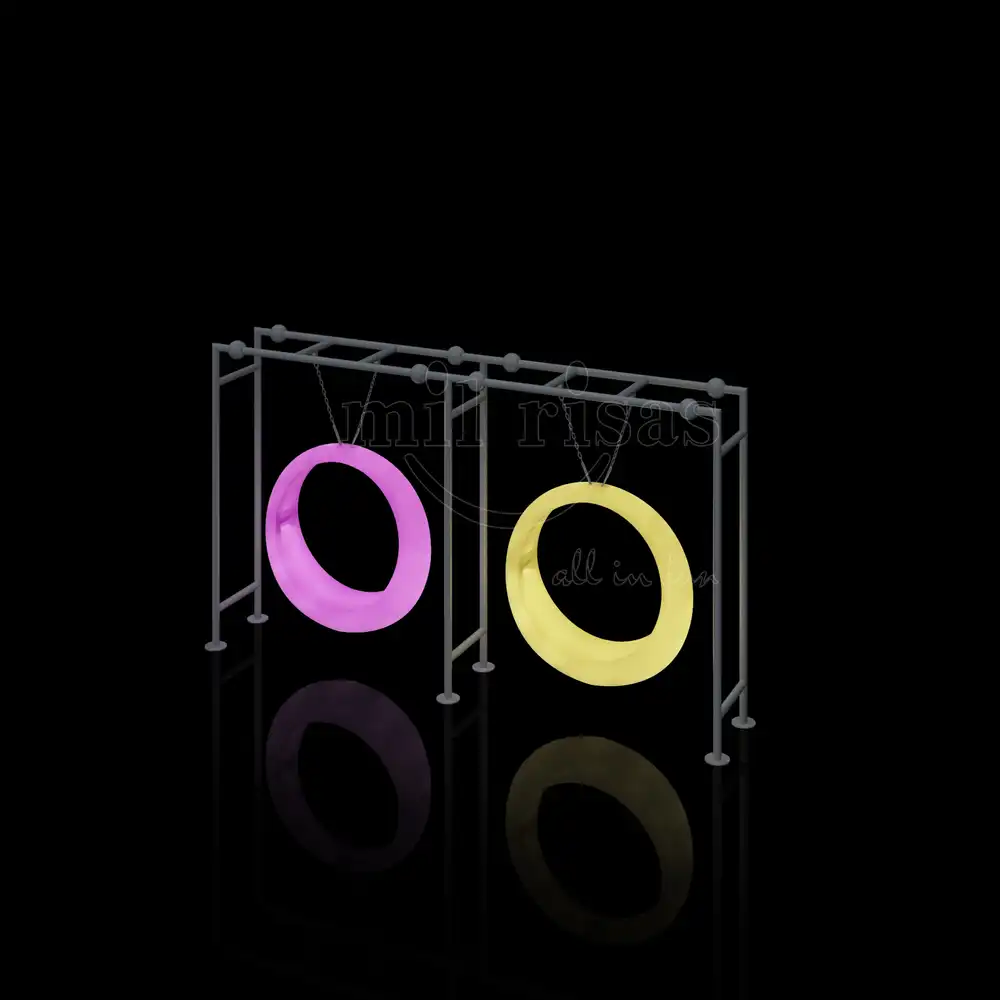 Product render of a double outdoor round swing, glowing LED furniture from manufacturer.