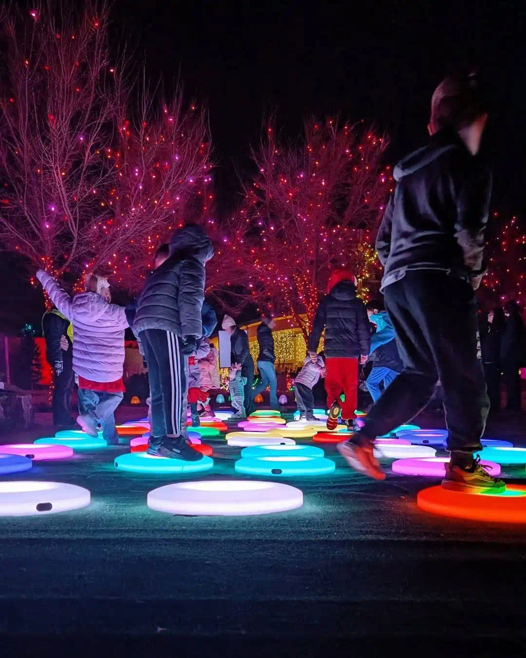 Vibrant-interactive-led-floor-with-many-kids-playing-in-a-garden-park-with-red-lit-trees