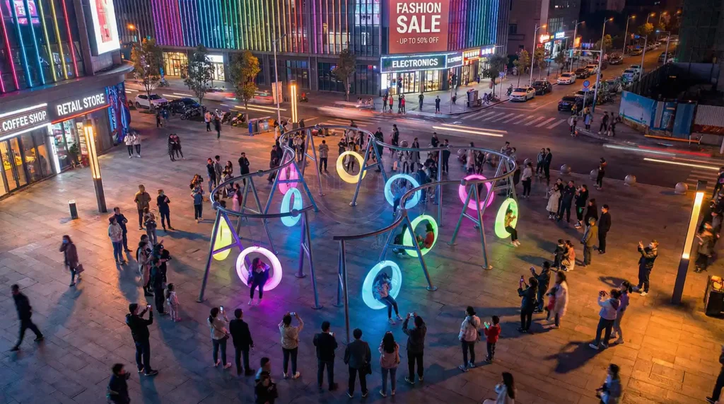 10-seat interactive LED round outdoor swing installation in a high-traffic commercial plaza at night.
