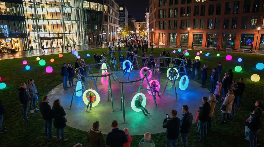 10-seat interactive LED round outdoor swing system in a public park at night by Milrisas