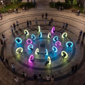 Seat swing outdoor Galaxy Ring installation in a city plaza at night with 20 glowing LED swings.