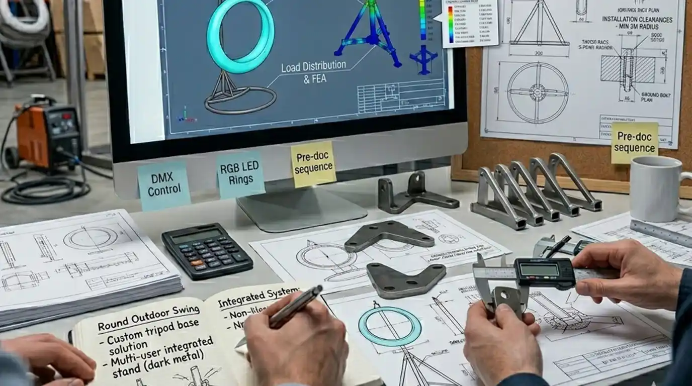 Engineering team conducting FEA stress analysis and load distribution for a custom tripod-base round outdoor swing chair project in a professional LED furniture factory.