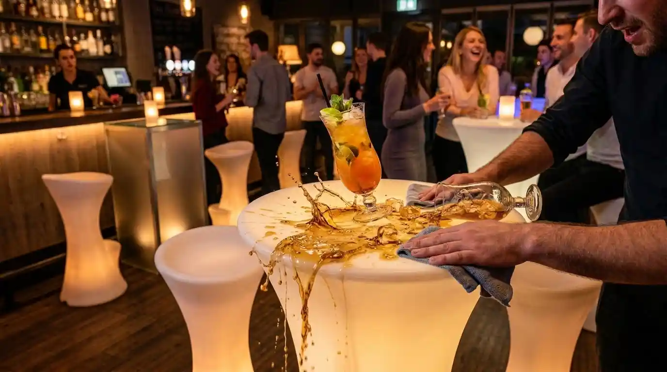 Glow Furniture Factory Resort Collection Round LED Cocktail Table, featuring a high LED IP Rating, is designed for high-traffic hospitality environments, ensuring easy maintenance and durability against frequent liquid spills.