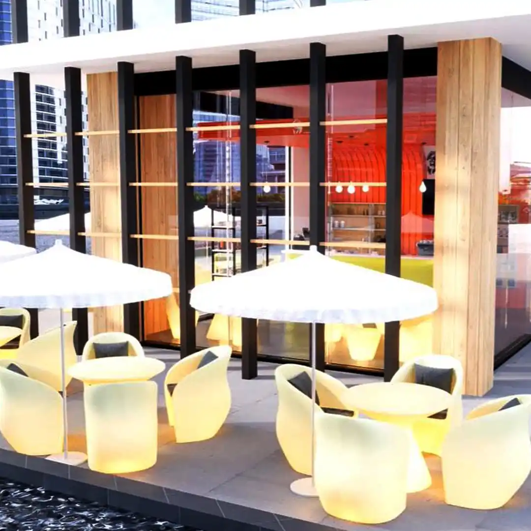 Glowing led lounge furniture set with illuminated tables and chairs for modern cafe patio