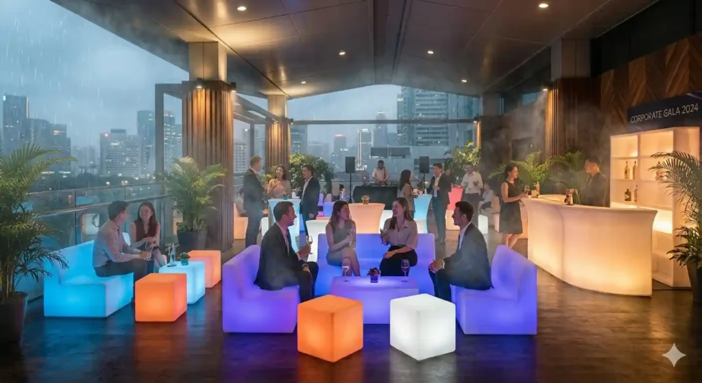 Guests at a corporate gala on a rainy terrace using glowing lounge seats that meet LED Furniture Waterproof Standards despite the mist.
