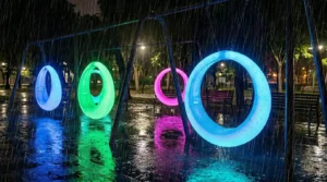 IP65 waterproof LED lighted circle swings safely operating in a heavy night rain, demonstrating the durable, all-weather design for public parks and playground equipment
