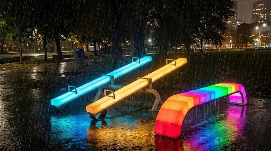 IP65 waterproof LED seesaw and rainbow park bench glowing in a rainy municipal park at night.