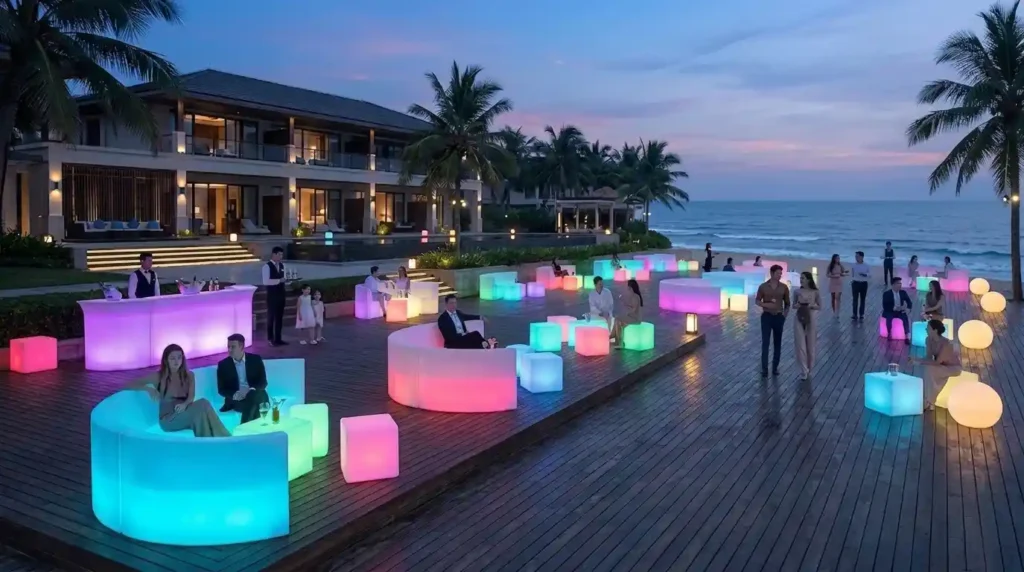 IP68 waterproof LED furniture for seaside resort terraces, salt-spray resistant PE material glow sofas and stools for high-end landscape lighting.