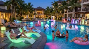 IP68 waterproof floating LED pool lights and glowing lounge chairs in a luxury resort swimming pool, demonstrating complete immersion protection for nighttime events