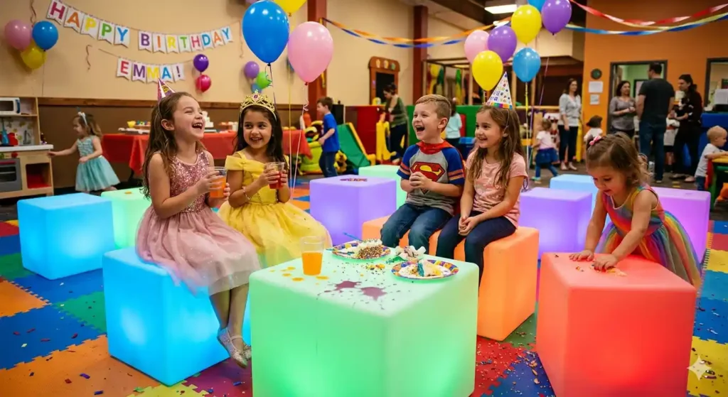 Kids party on glowing LED cube stools with juice spills, proving robust LED Furniture Waterproof Standards for commercial venues