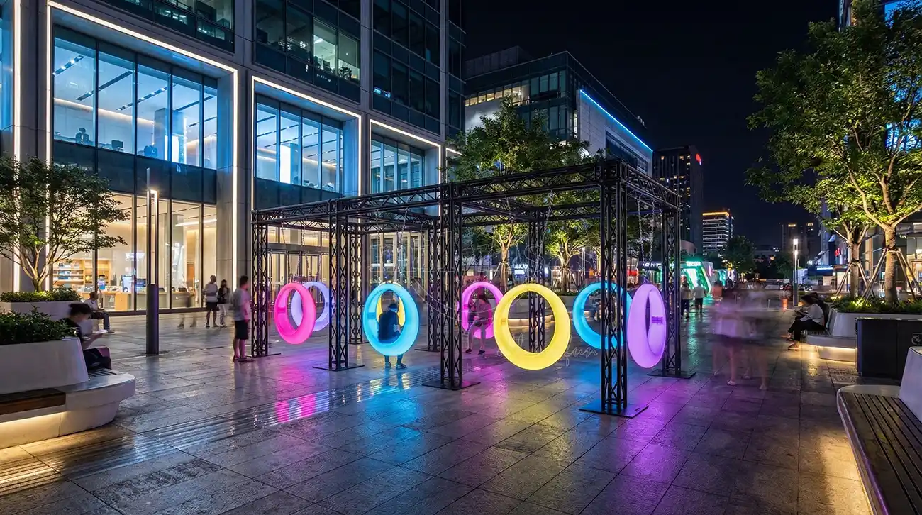 LED Furniture Manufacturer Glowing Outdoor Circle Swing at a commercial plaza night