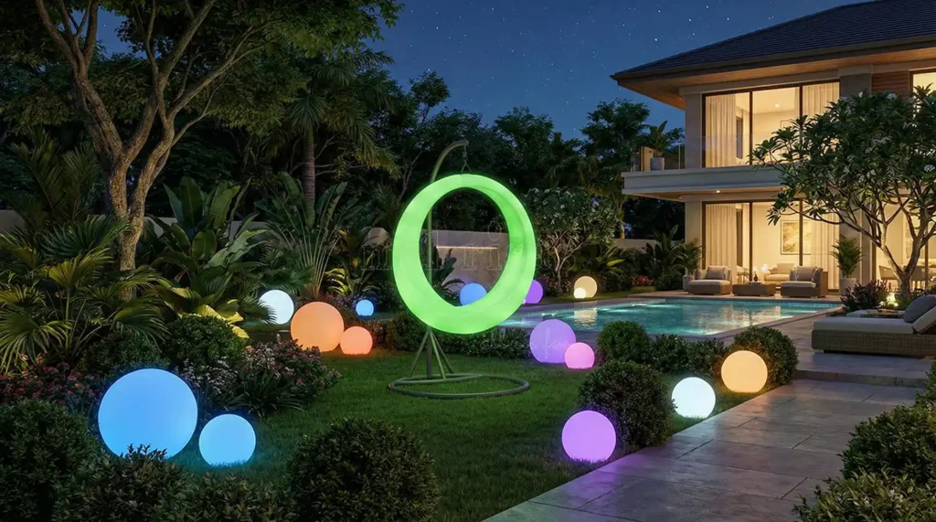 LED Furniture Manufacturer Glowing green round outdoor swing chair in a luxury villa garden with pool