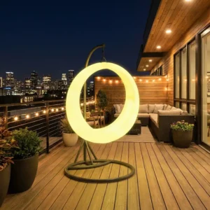 LED Furniture Manufacturer Glowing round outdoor swing chair on a luxury rooftop terrace