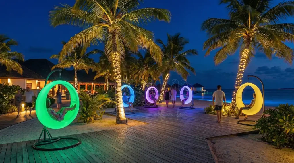 LED Furniture Manufacturer Glowing round outdoor swing chairs on a luxury beach resort deck