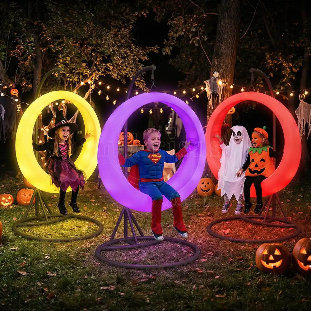 LED Furniture Manufacturer Glowing round outdoor swing chairs with children in Halloween costumes