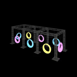 8-seat circular LED swing set with a sturdy black metal frame, featuring glowing interactive rings for outdoor landscape projects.