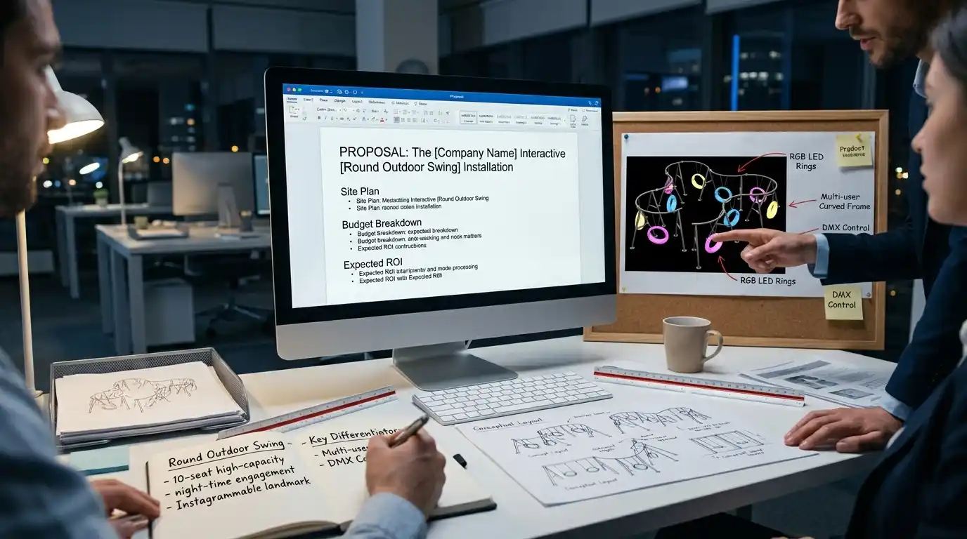 Milrisas design team reviewing a technical site plan and proposal for a large-scale interactive LED round outdoor swing installation