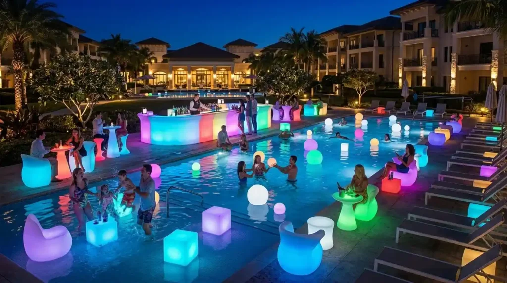 IP68 waterproof LED furniture for luxury resort pool bar with people swimming and glowing floating decor