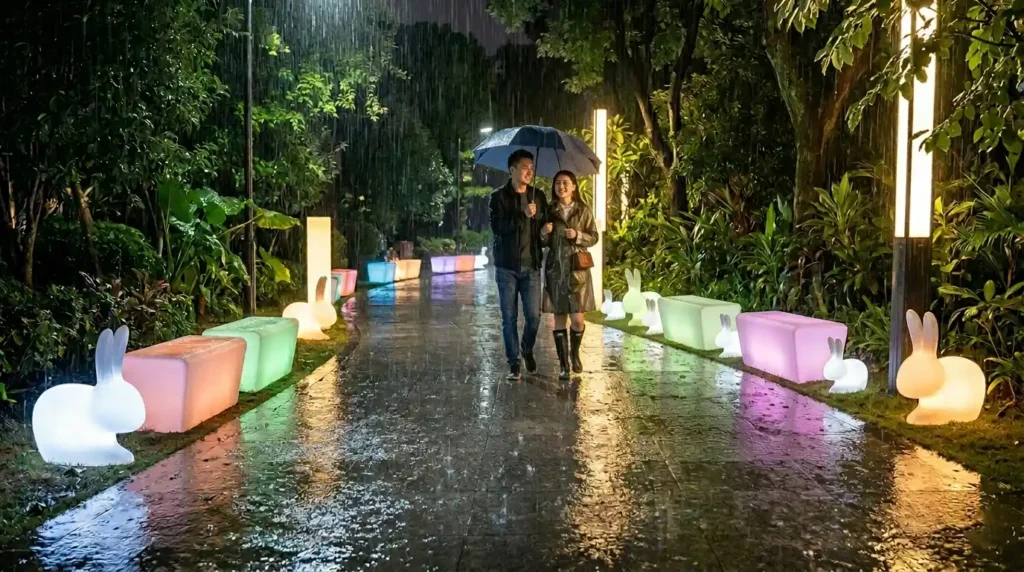 IP65 waterproof glow benches and rabbit lights in rainy outdoor park
