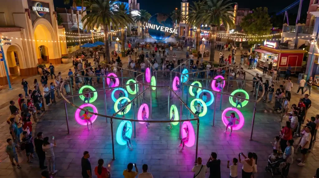 Seat swing outdoor 20-seat LED installation at a theme park entrance with colorful glowing ring swings.
