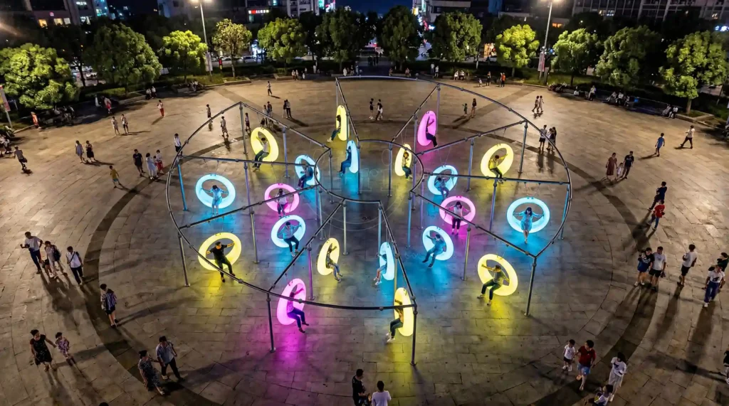 Seat swing outdoor 20-seat LED installation in a city plaza with 10 large and 10 small glowing ring swings.