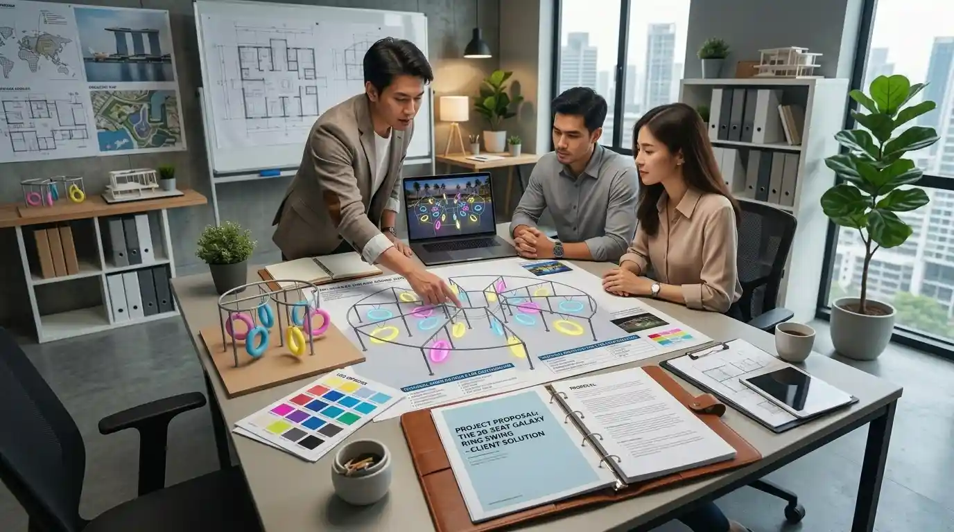 Seat swing outdoor 20-seat interactive Galaxy Ring installation plan presented during a project proposal meeting.