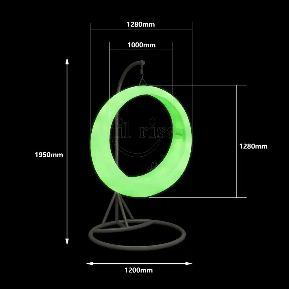 Size chart and layout for a professional-grade illuminated round outdoor swing chair