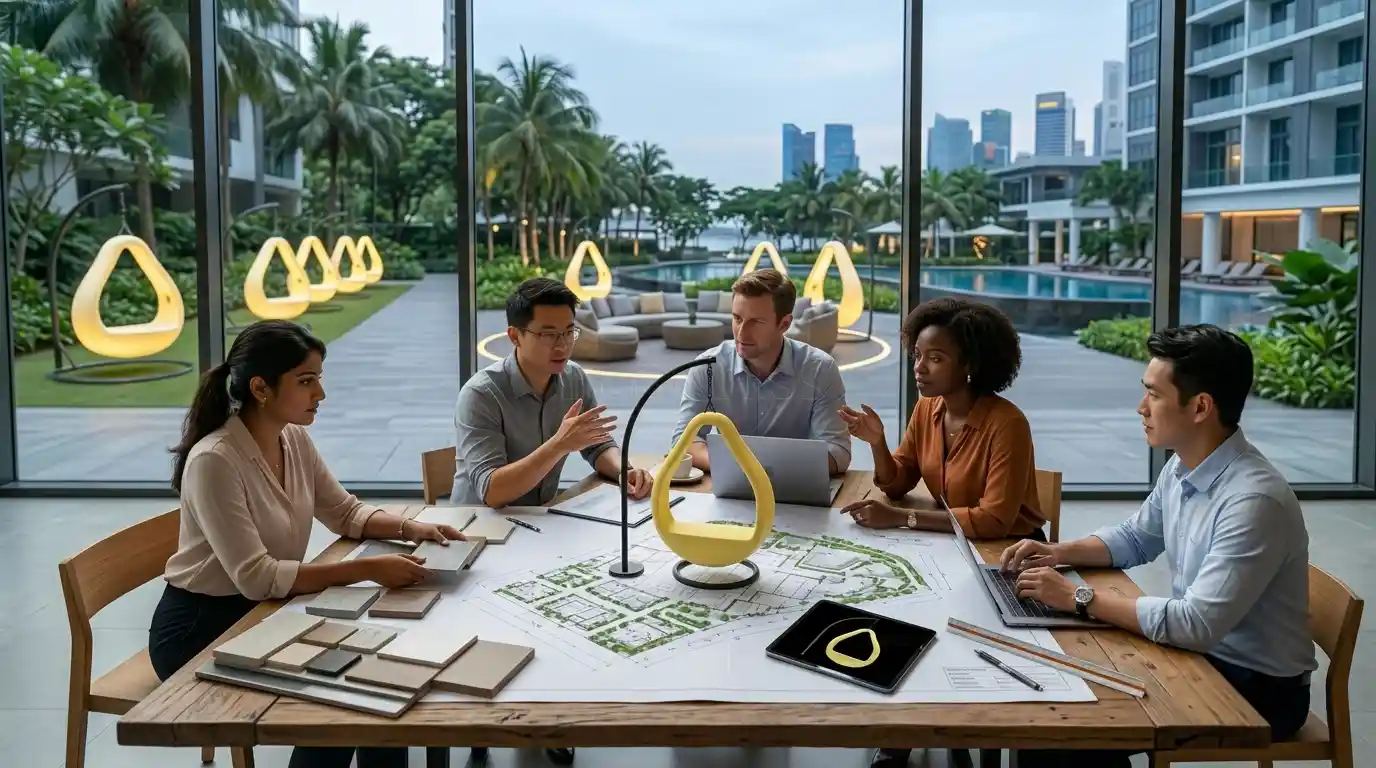 A professional team discussing a landscape site plan for a resort project involving Circular Outdoor Swing Chairs.
