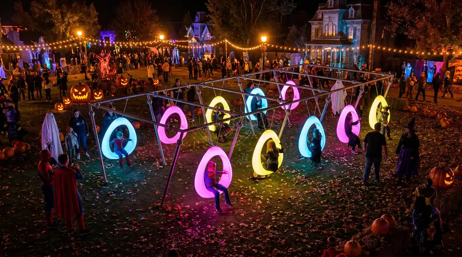 Circle swing chair outdoor installation for a Halloween theme party with glowing LED rings.