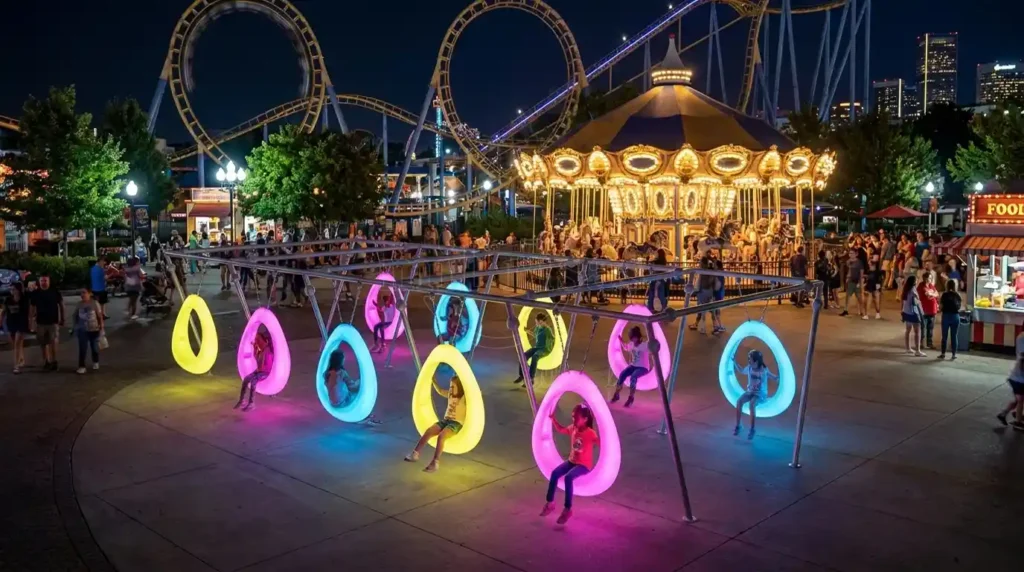 Circle swing chair outdoor installation at a night theme park with vibrant LED lighting.