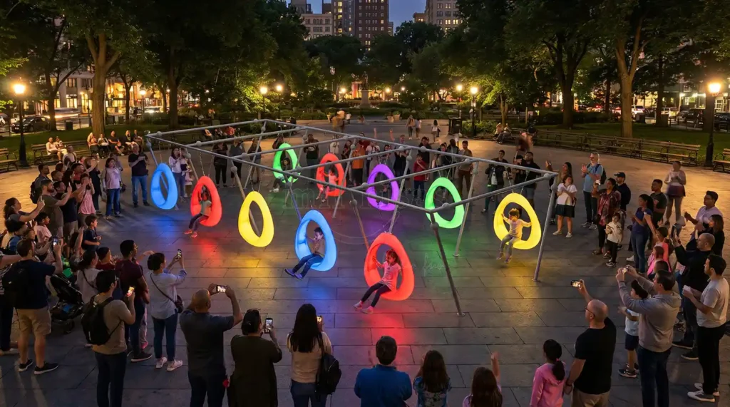 Circle swing chair outdoor installation in a public urban park with interactive LED glow.