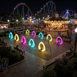 Circle swing chair outdoor installation with colorful LED lighting at a theme park.