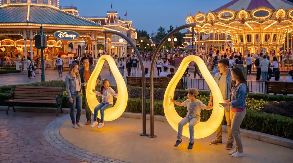 Circular Outdoor Swing Chair with integrated LED lighting installed in a busy theme park playground