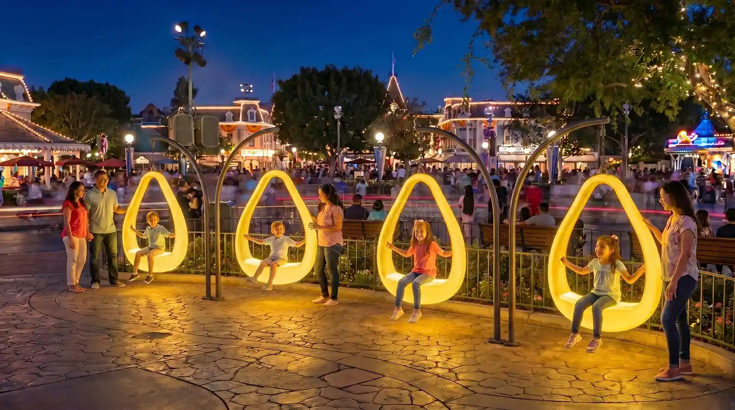 Circular Outdoor Swing Chair with warm LED lighting installed in a public outdoor park for nighttime community interaction.