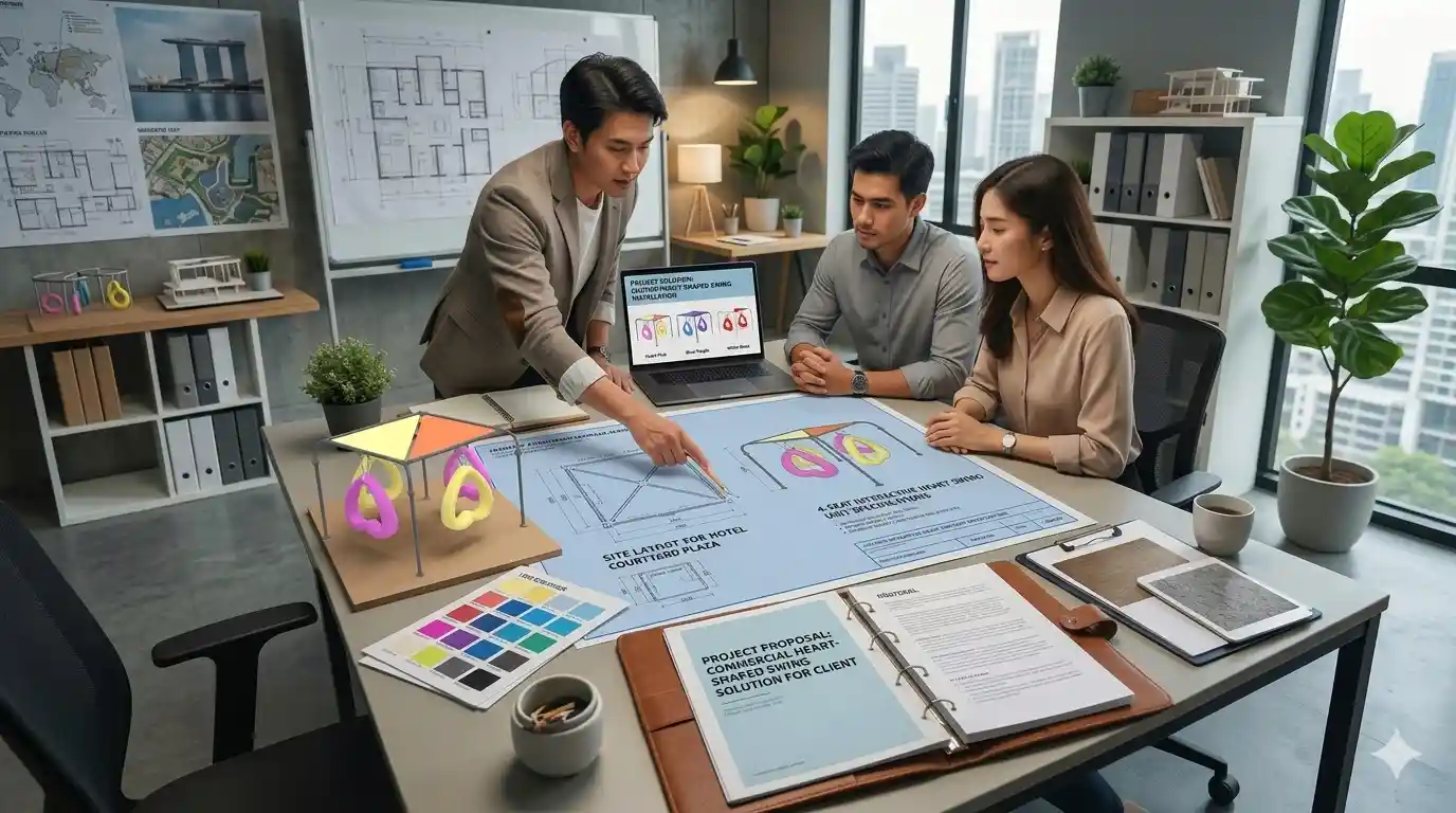 Professional design team conducting detailed spatial planning and color customization for an interactive LED heart-shaped swing chair project proposal.