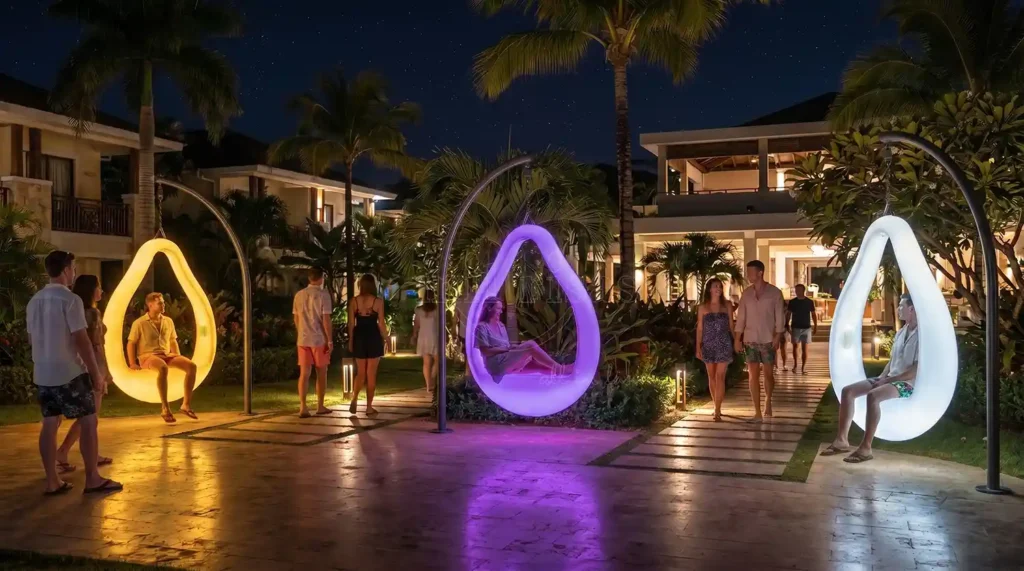 Circular Outdoor Swing Chair with glowing LED lighting installed in a luxury resort garden at night.