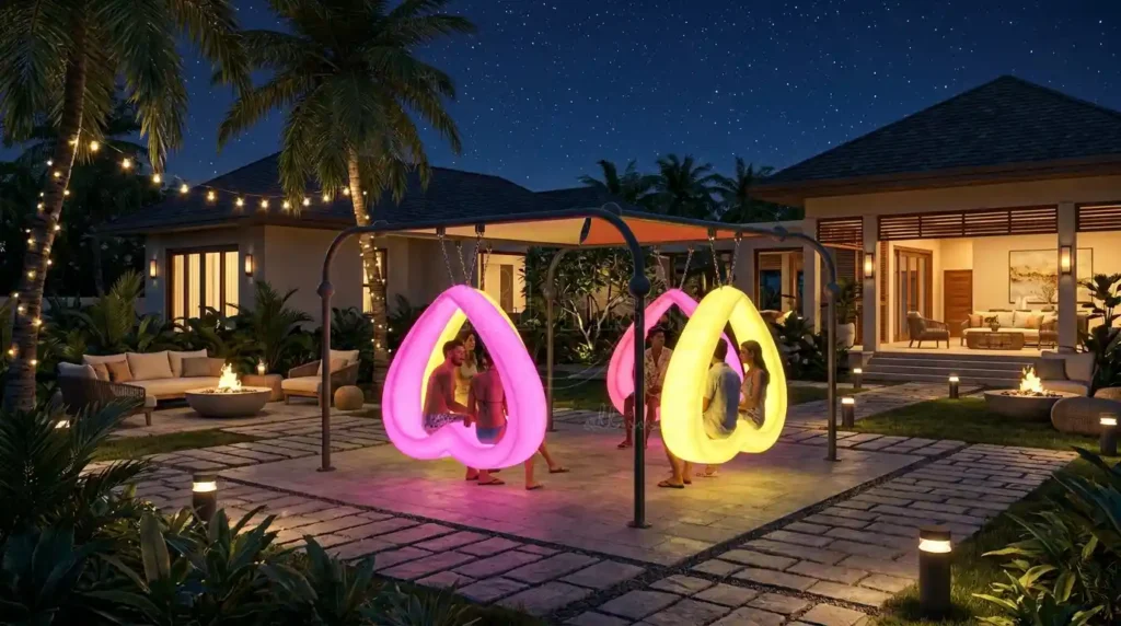Luxury hotel resort courtyard with interactive LED heart-shaped swing chair, romantic outdoor glowing furniture for poolside villas.